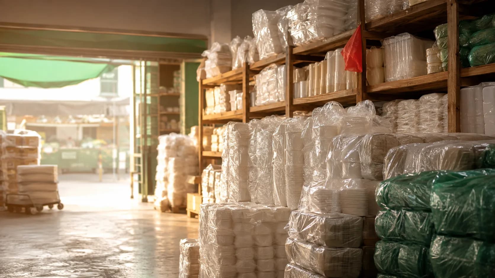 Fardos de descartables apilados